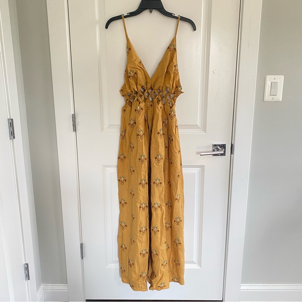 Farm Rio Sand Linen Blend V-Neck Cutout A-Line Midi Dress L NWT Anthropologie - Picture 3 of 7